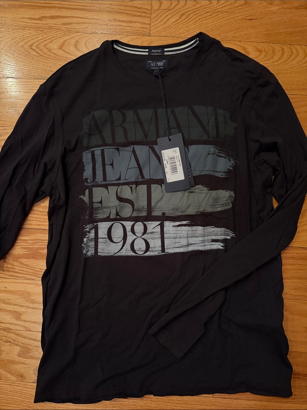 Armani Jeans Black Long-Sleeve Graphic Tee with Blue and Olive Accents